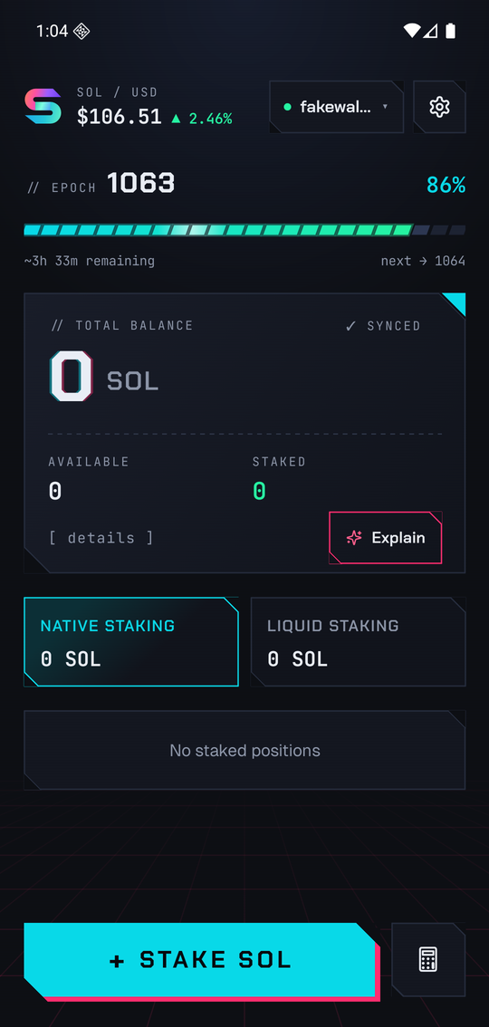 The BetterStakeSol home screen: the SOL price, the epoch progress bar, the total balance panel with available and staked SOL, the native and liquid staking tabs, and the Stake SOL button.