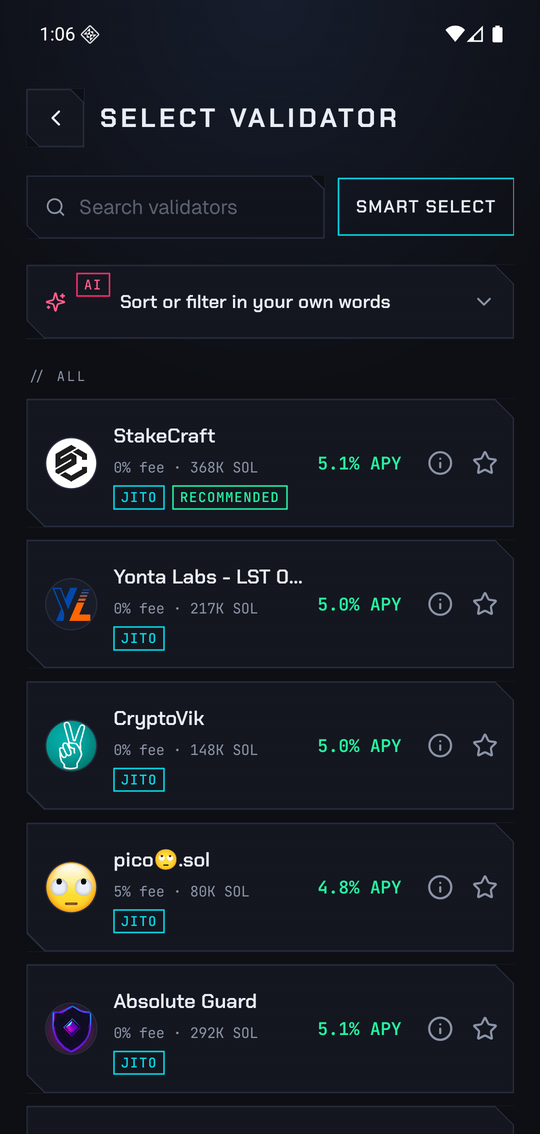 The Select validator screen: a search field, Smart select, a box to sort or filter the list in your own words, and validators with their fee, stake, APY and Jito and Recommended tags.