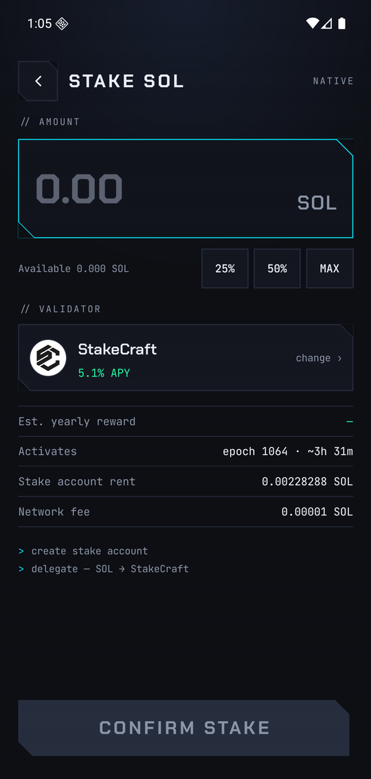 The Stake SOL screen: the amount field, the chosen validator with its APY, the estimated yearly reward, the activation epoch, the stake account rent, the network fee and what the transaction will do.