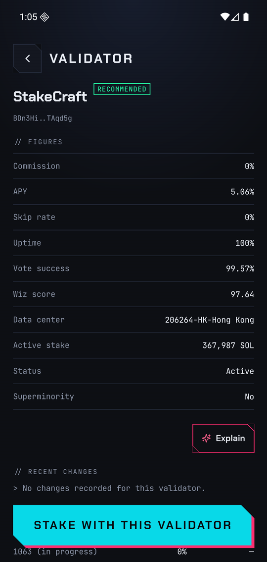 A validator's page: commission, APY, skip rate, uptime, vote success, Wiz score, data center, active stake, status and superminority, with an Explain chip and recent changes.
